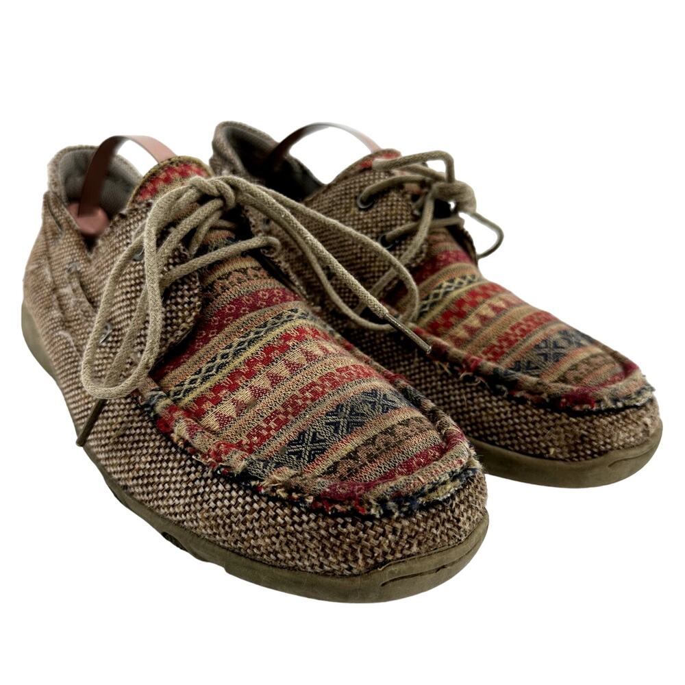 Roper Driving Moccasin Fair Isle Aztec Lace Up Round Toe Leather Tan 5.5 - Picture 2 of 8